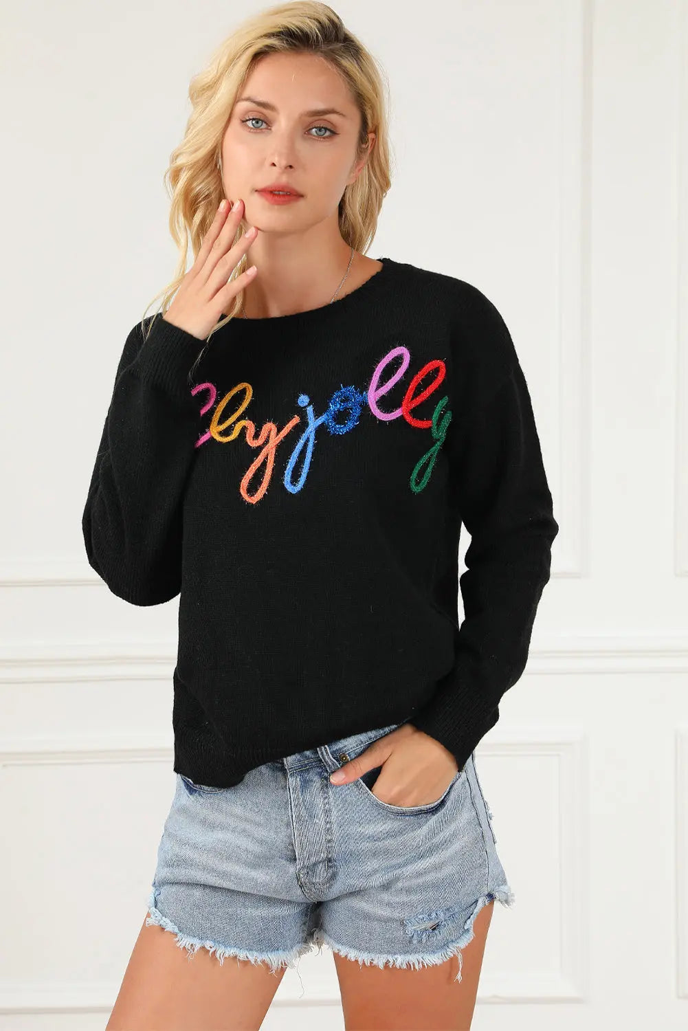 Holly Jolly Christmas/Merry & Bright/Howdy Heart/XOXO Valentine Round Neck Long Sleeve Sweater - Kittybear Krafts