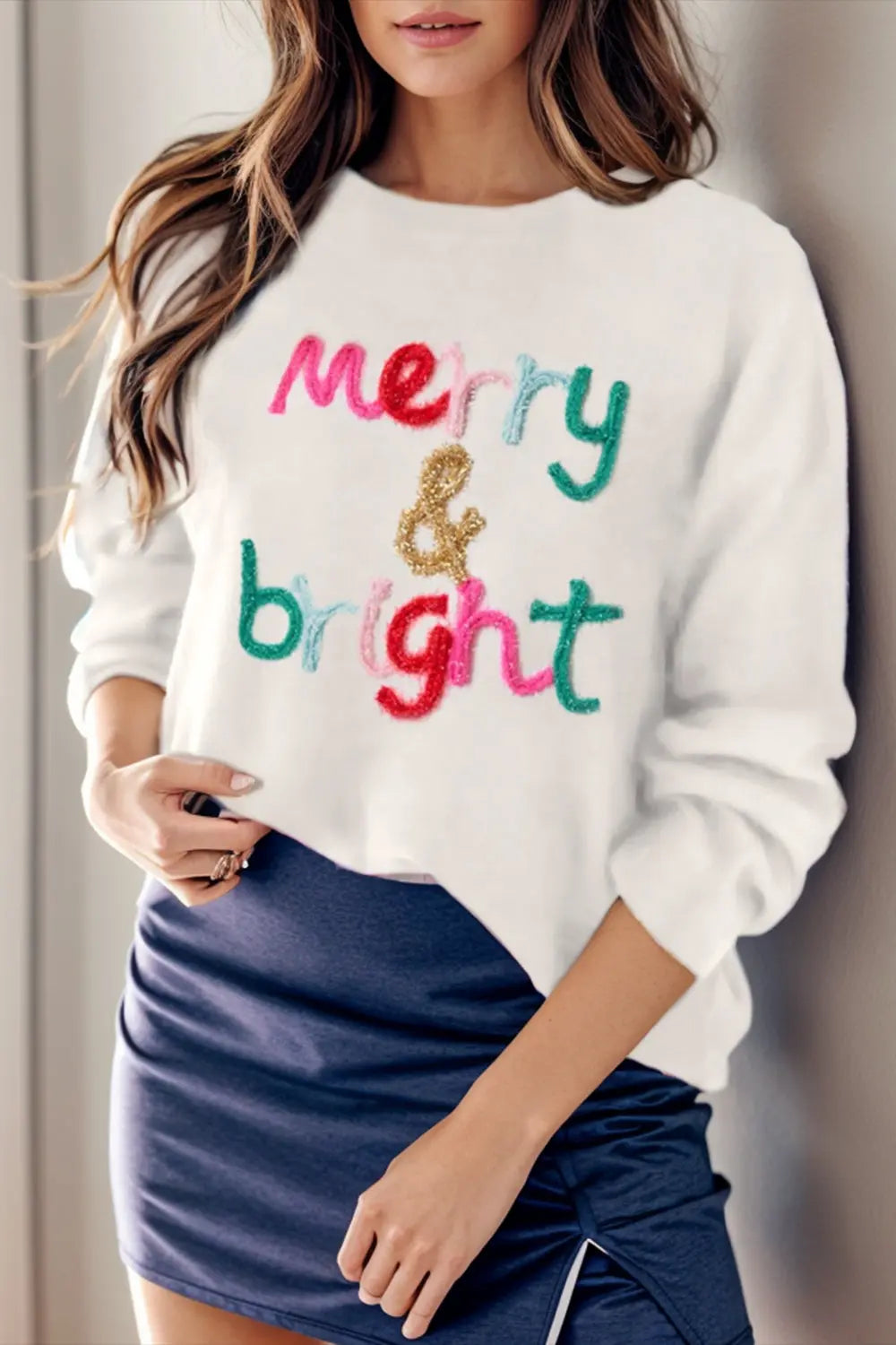 Holly Jolly Christmas/Merry & Bright/Howdy Heart/XOXO Valentine Round Neck Long Sleeve Sweater - Kittybear Krafts