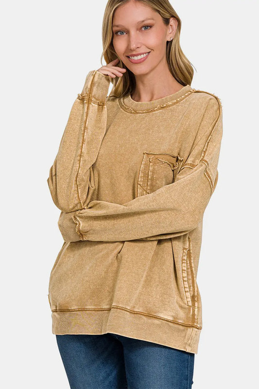 Zenana Exposed Seam Round Neck Dropped Shoulder Sweatshirt - Kittybear Krafts