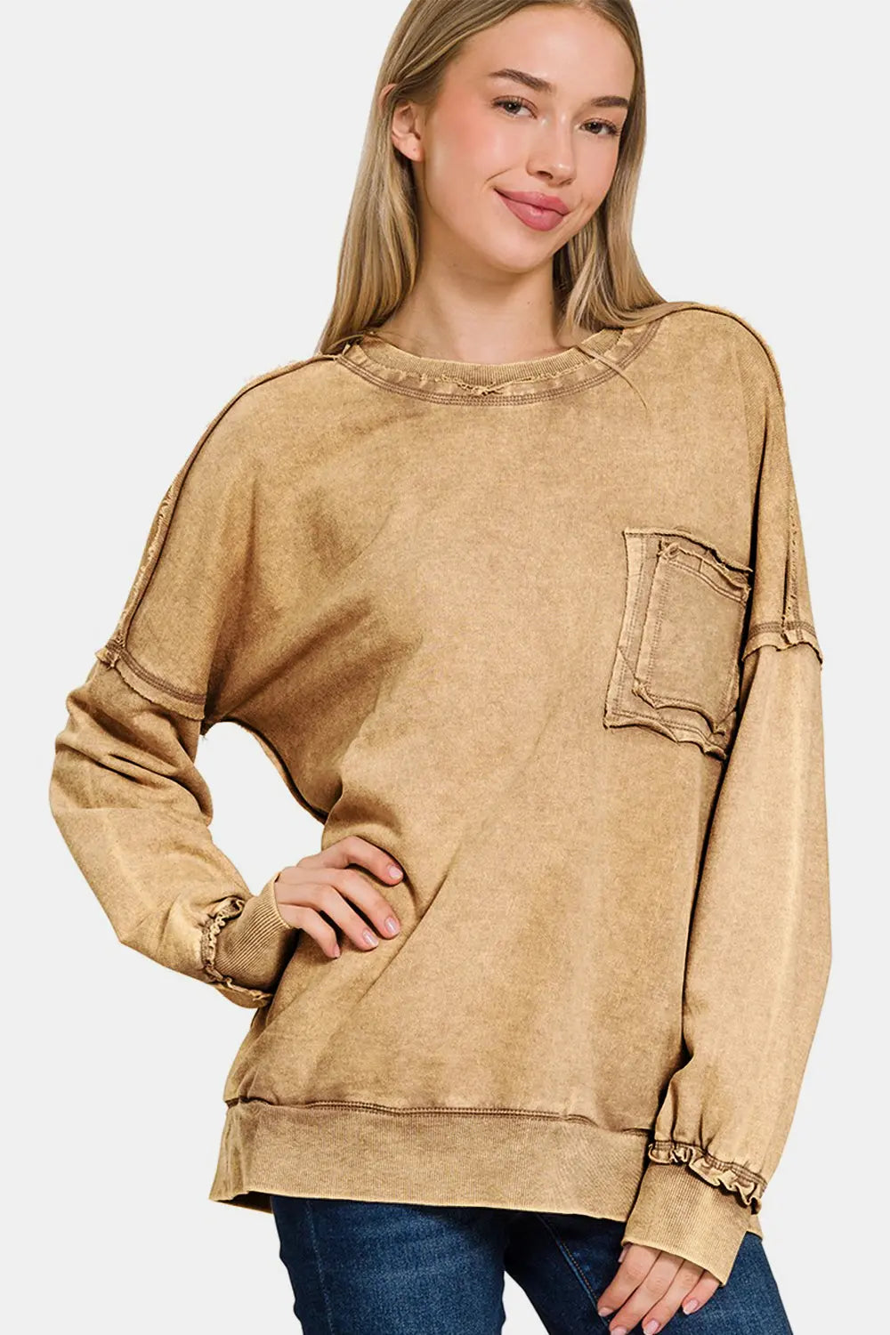 Zenana Exposed Seam Round Neck Dropped Shoulder Sweatshirt - Kittybear Krafts