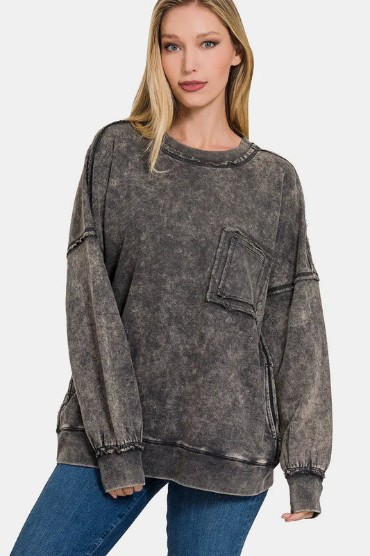 Zenana Exposed Seam Round Neck Dropped Shoulder Sweatshirt - Kittybear Krafts