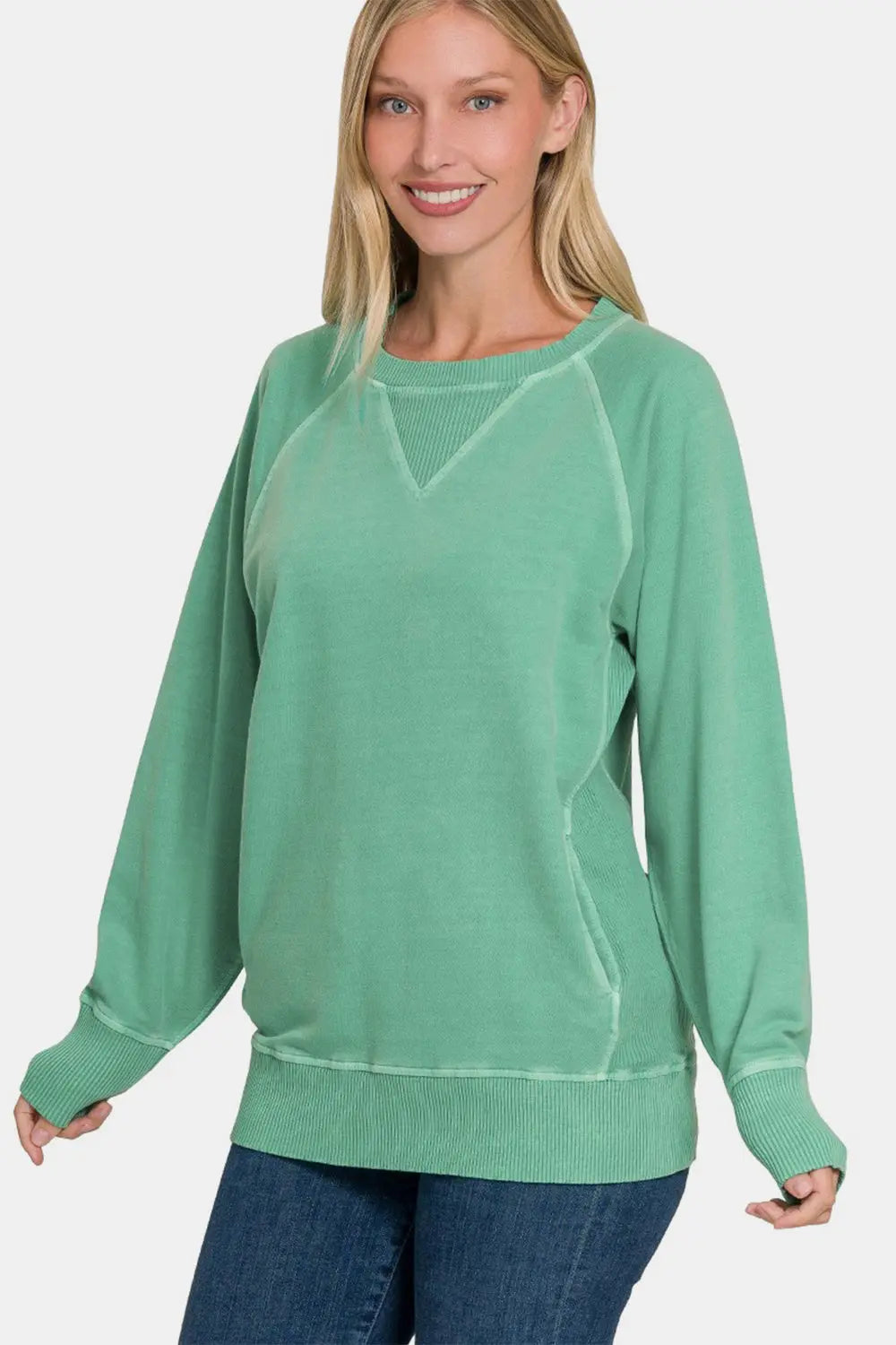 Zenana Pocketed Round Neck Long Sleeve Sweatshirt - Kittybear Krafts