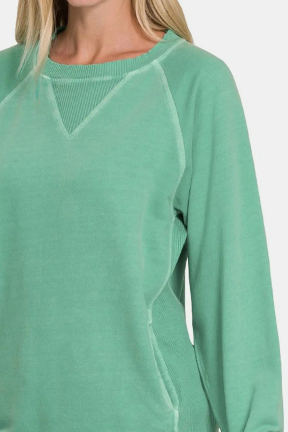 Zenana Pocketed Round Neck Long Sleeve Sweatshirt - Kittybear Krafts