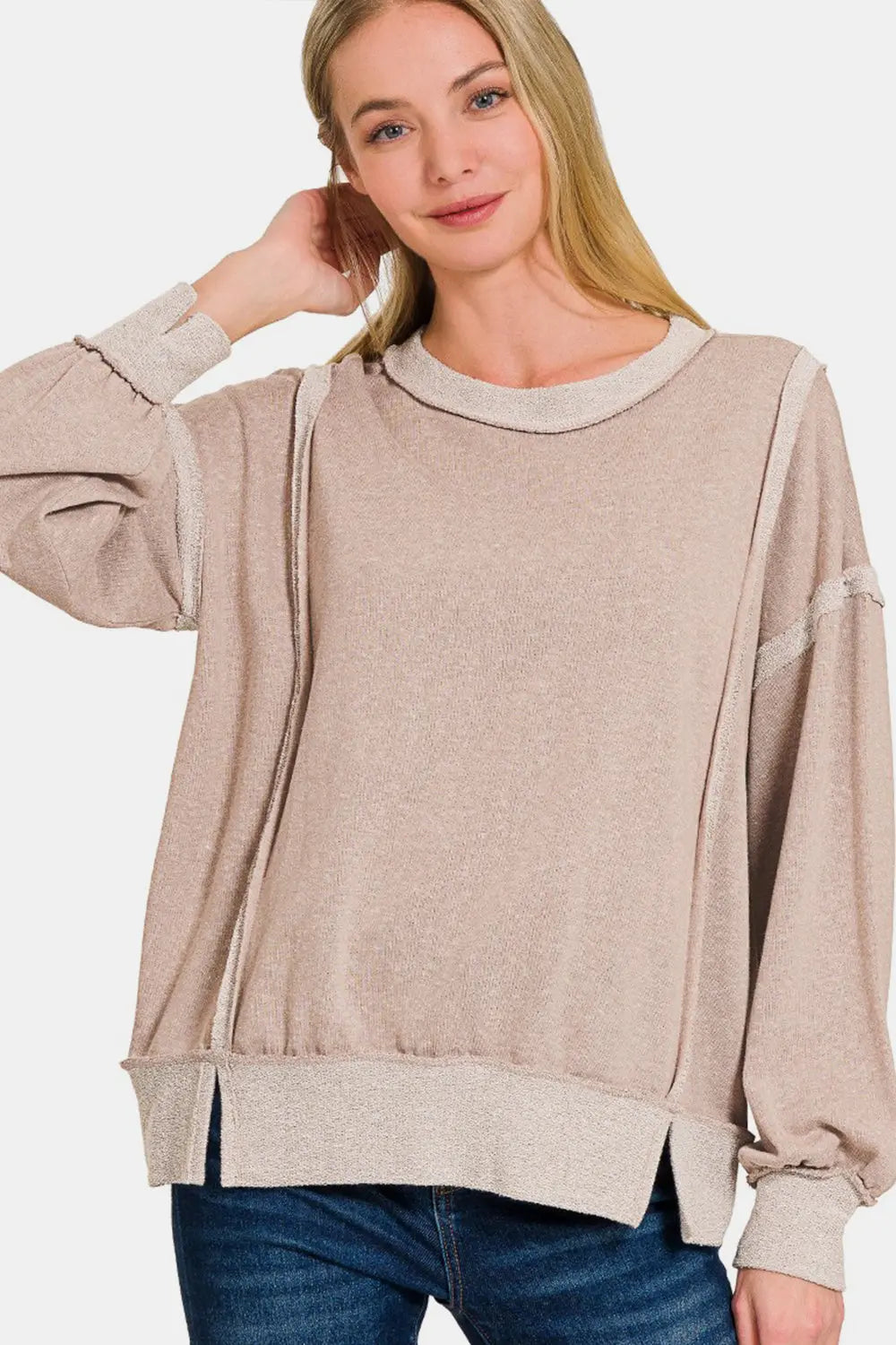 Zenana Washed Exposed-Seam Sweatshirt - Kittybear Krafts