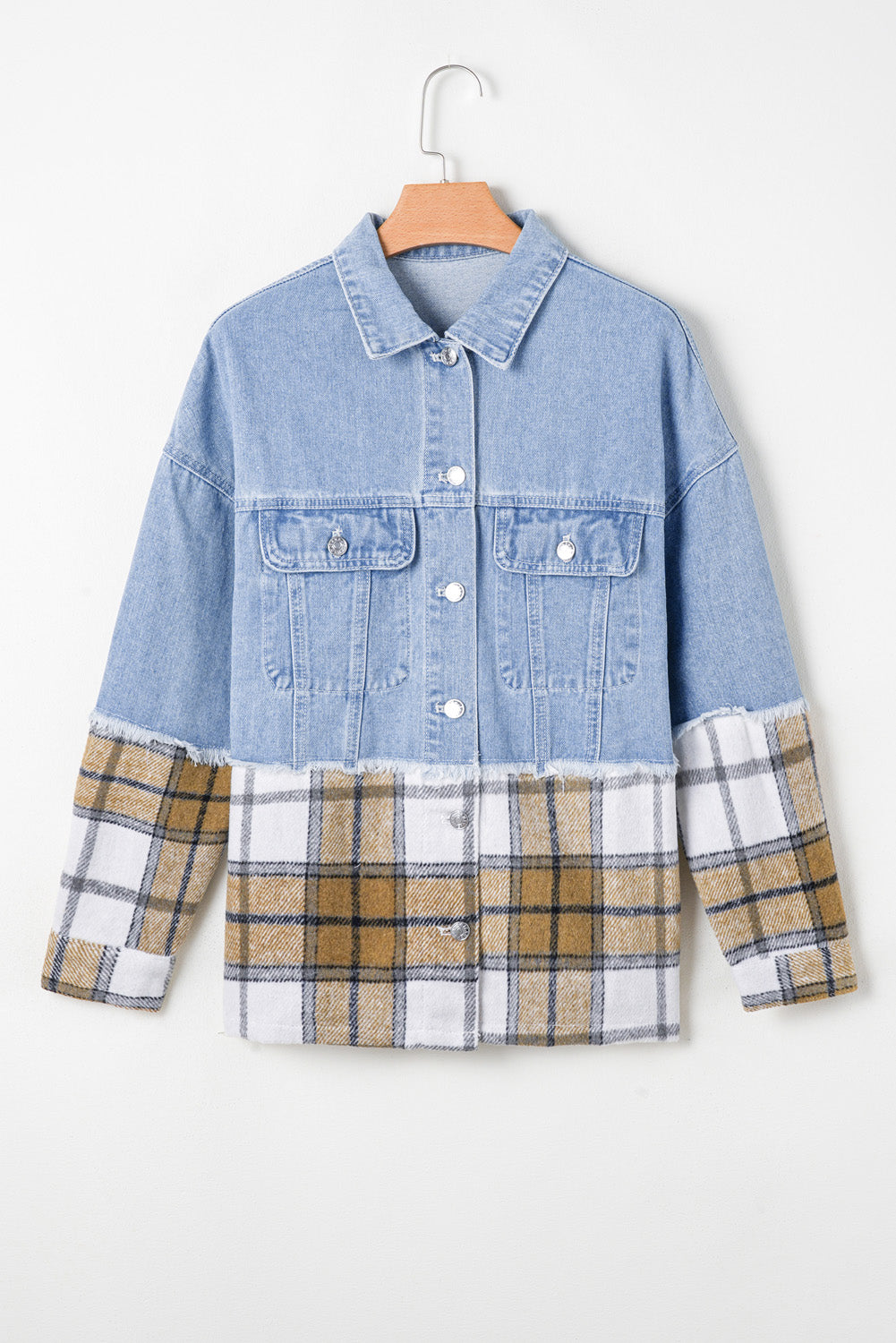 Khaki Plaid Patchwork Buttoned Oversized Denim Jacket Kittybear Krafts