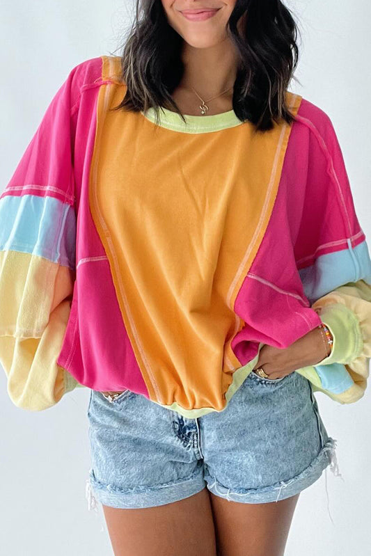 Rose Red Plus Size Colorblock Patchwork Exposed Seam Oversized Sweatshirt Kittybear Krafts