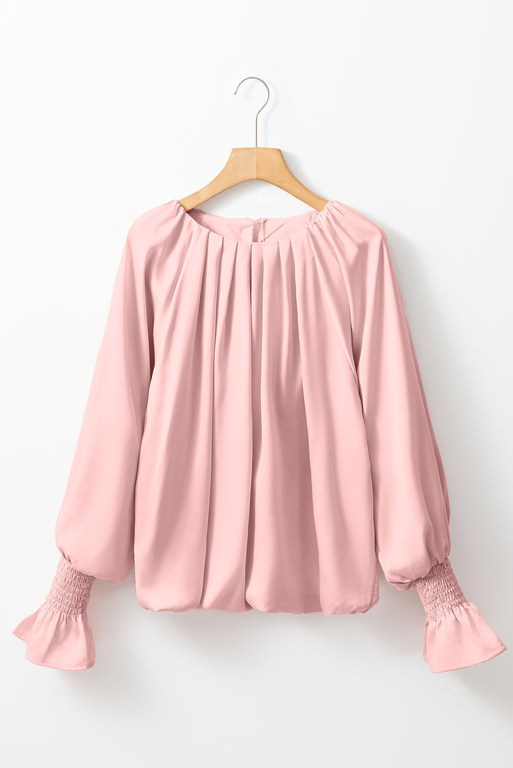 Apricot Pink Pleated Round Neck Flounce Sleeve Satin Blouse Kittybear Krafts