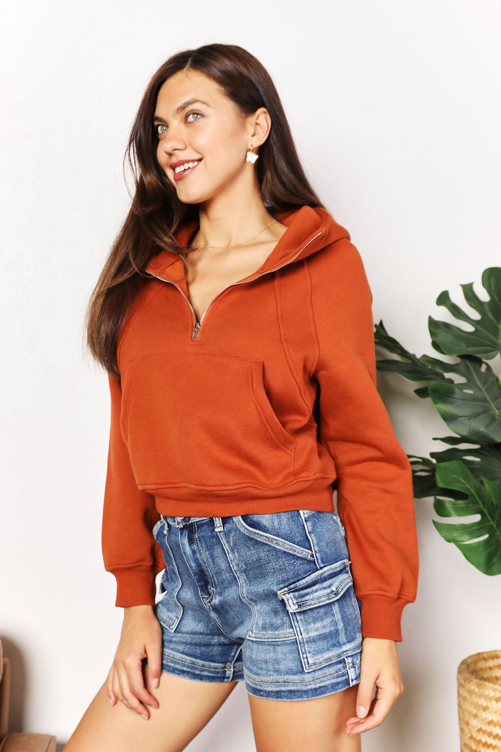 Double Take Half-Zip Cropped Long Sleeve Hoodie Trendsi