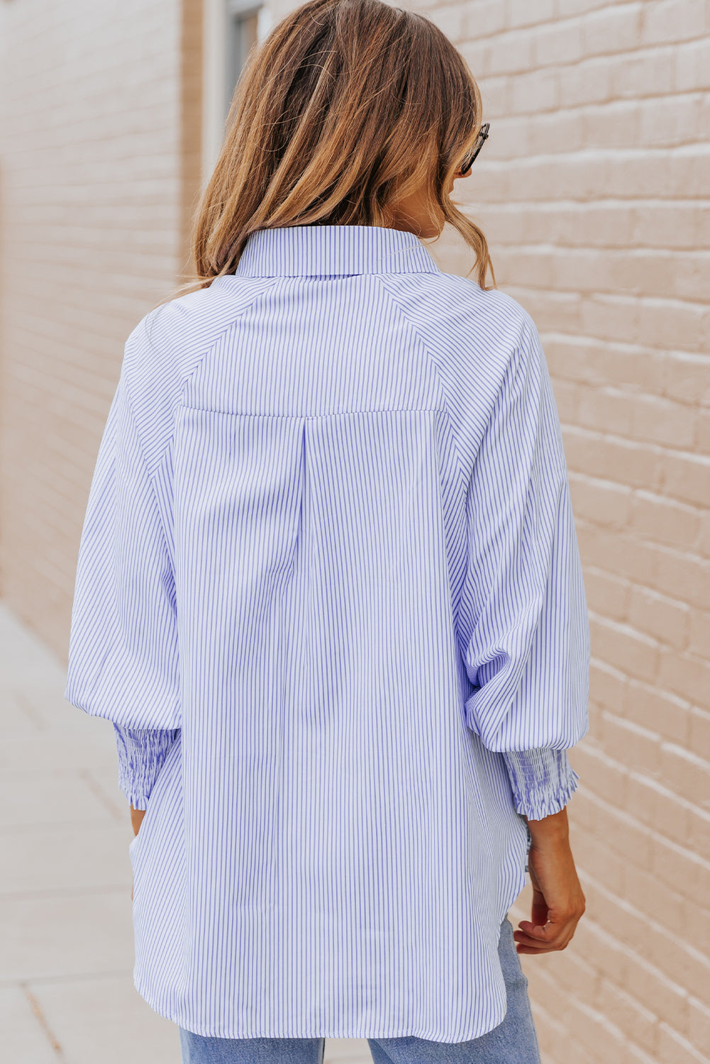 Sky Blue Smocked Cuffed Striped Boyfriend Shirt Top with Pocket