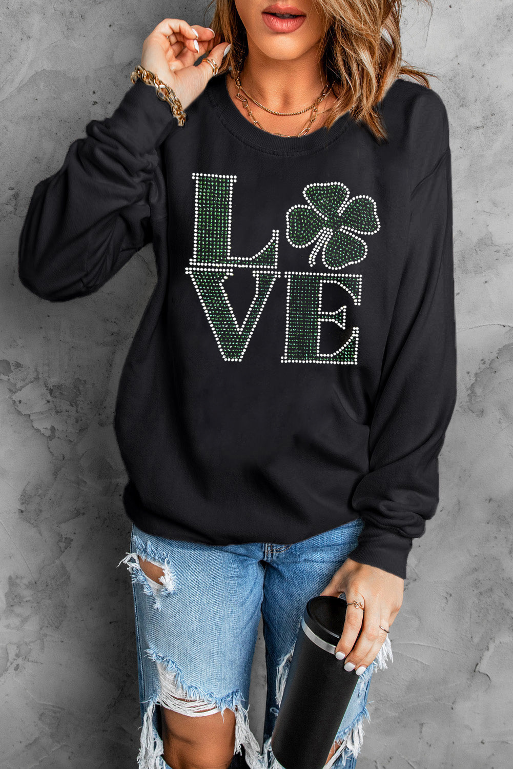 LOVE Rhinestone Clover Round Neck St. Patrick's Day Sweat shirt