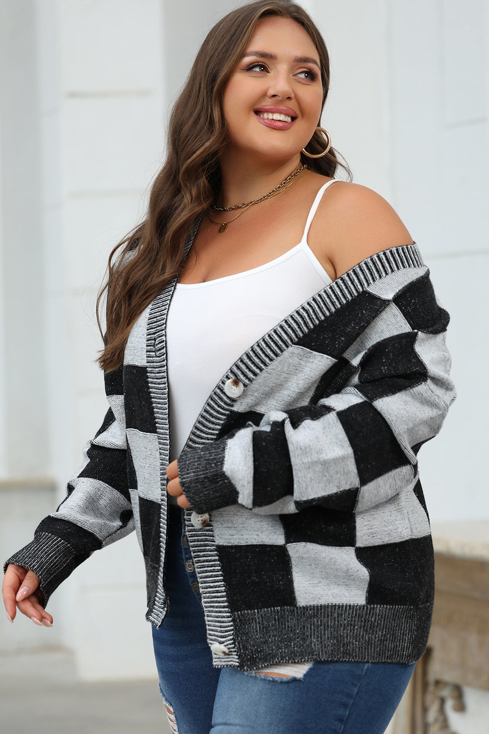 Black Checkered Drop Shoulder Buttoned V Neck Cardigan Kittybear Krafts