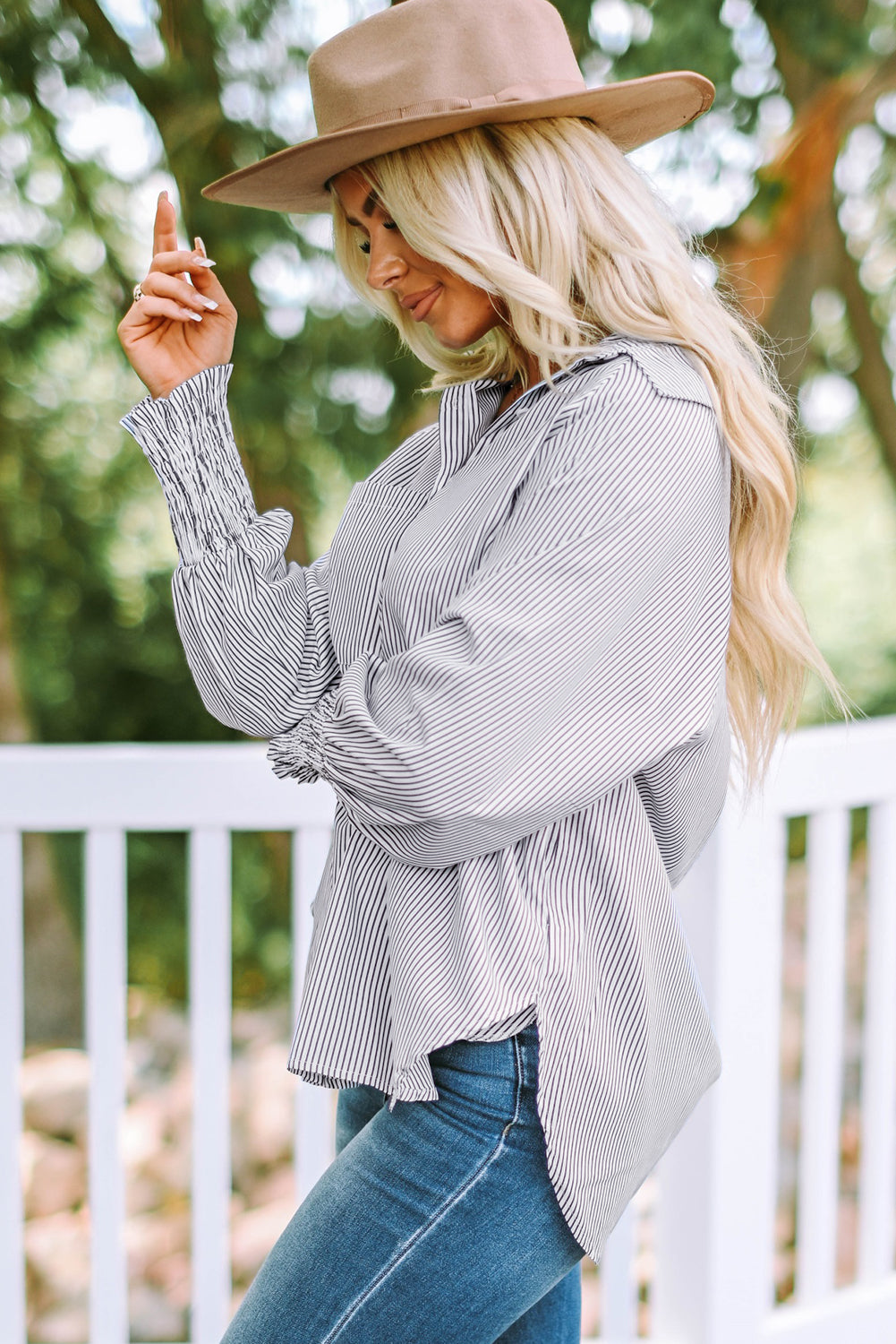 Smocked Cuffed Striped Boyfriend Shirt Top with Pocket