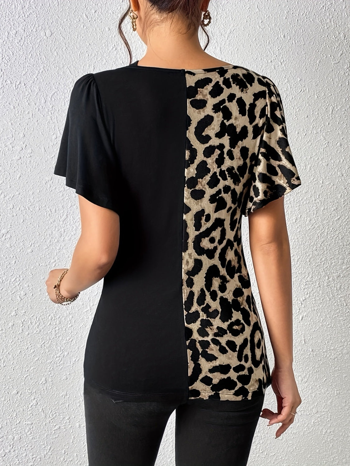 Ruched Leopard Flutter Sleeve Top