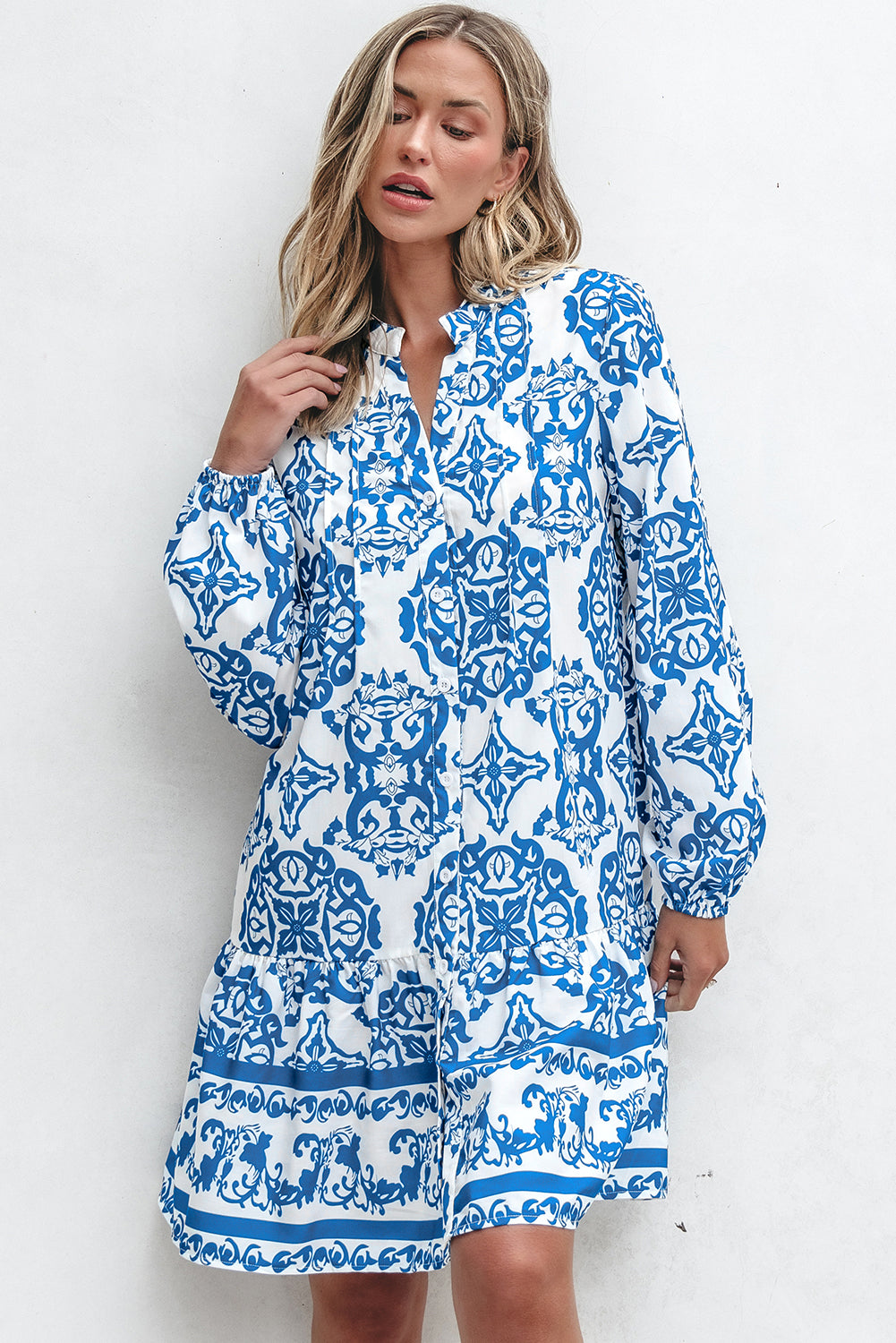 Sky Blue Tribal Print Button Up Notch Neck Loose Mini Dress Kittybear Krafts