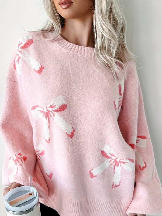 Simple Bow Round Neck Long Sleeve Sweater Trendsi