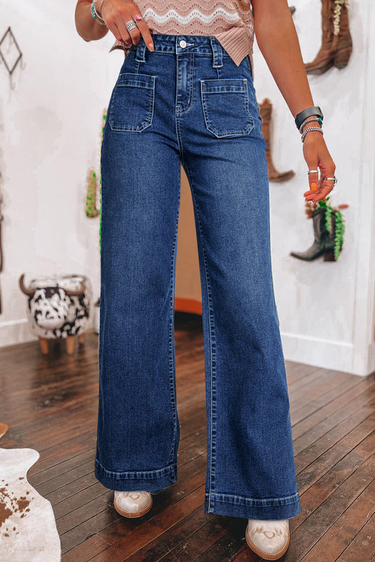 Sail Blue Wide Leg Pocketed High Waist Jeans Kittybear Krafts