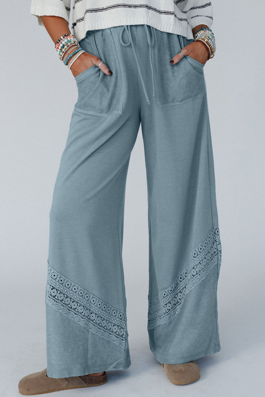 Dusk Blue Lace Crochet Patched Lace-up High Waist Wide Leg Pants Kittybear Krafts