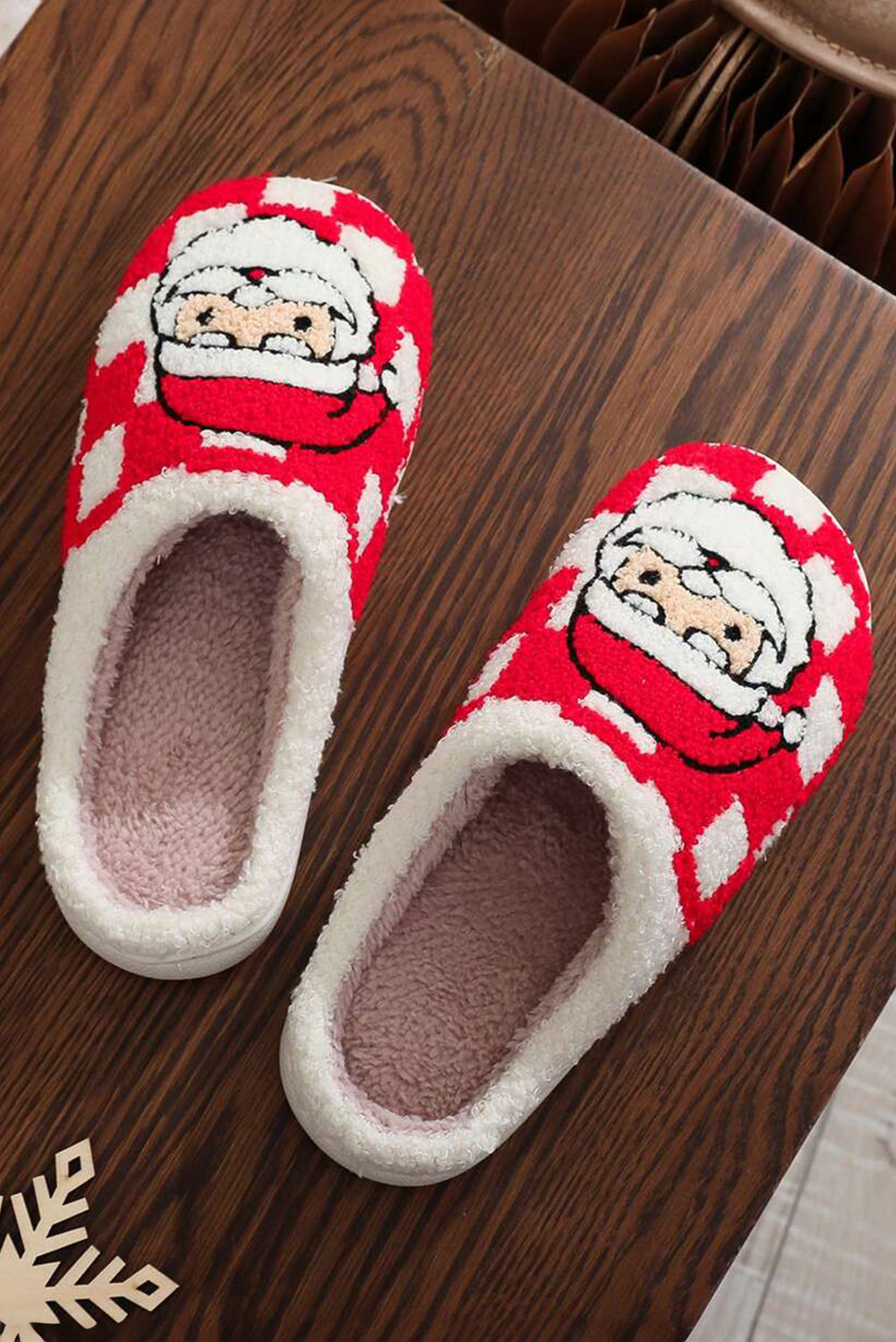 Fiery Red Checkered Christmas Santa Claus Graphic Plush Home Slippers Kittybear Krafts