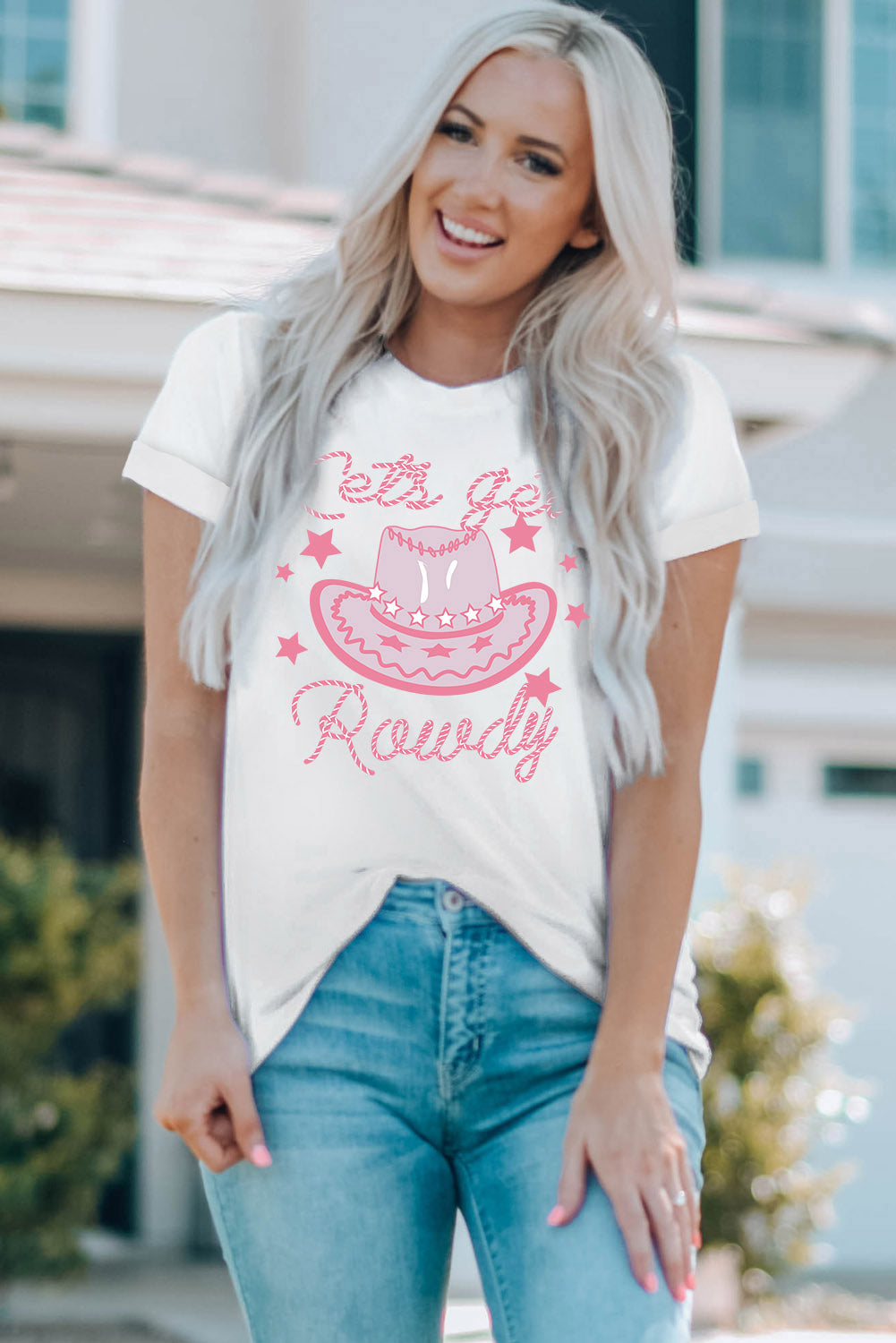 Cowboy Hat Rowdy Graphic Round Neck T-Shirt - Kittybear Krafts