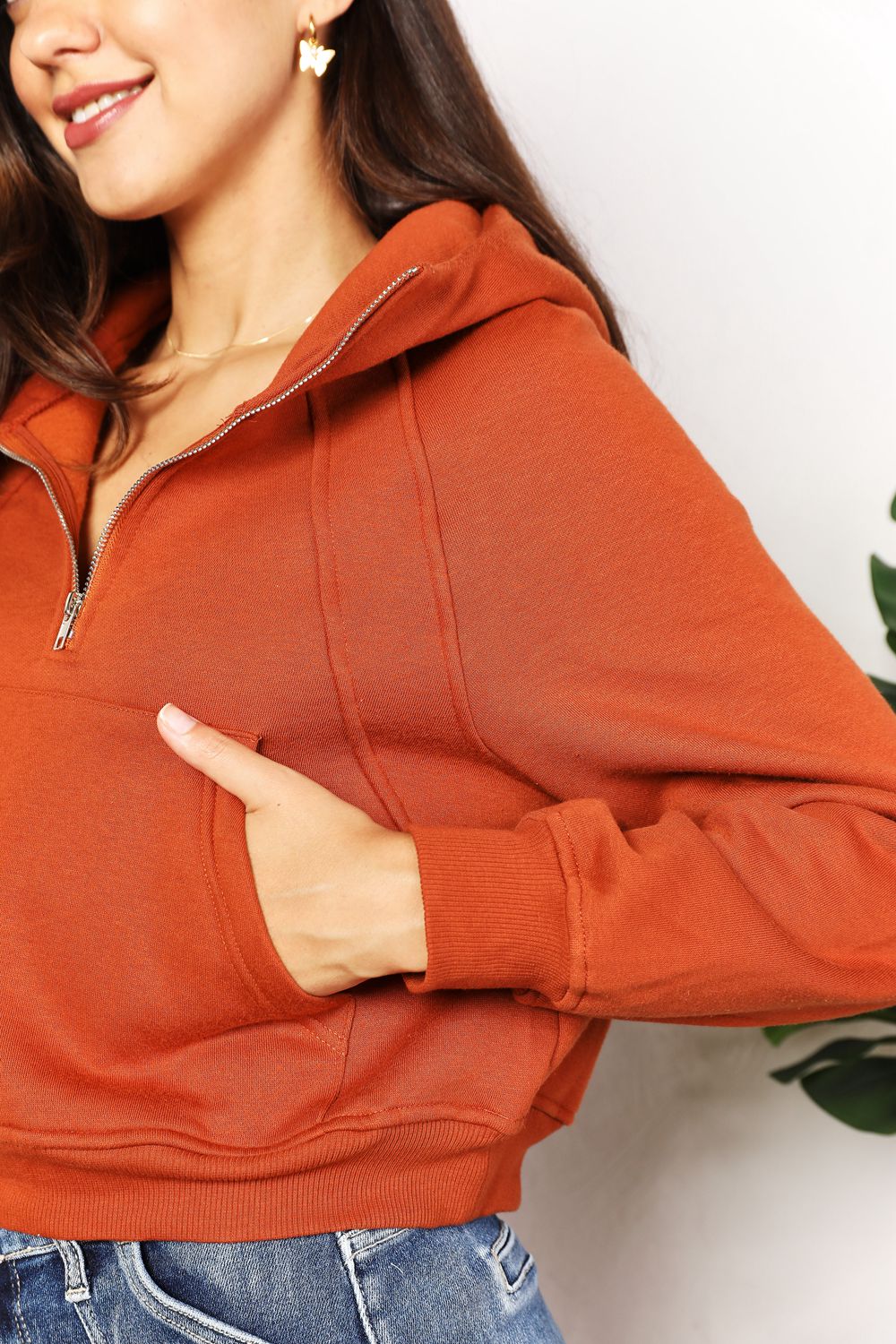 Double Take Half-Zip Cropped Long Sleeve Hoodie Trendsi