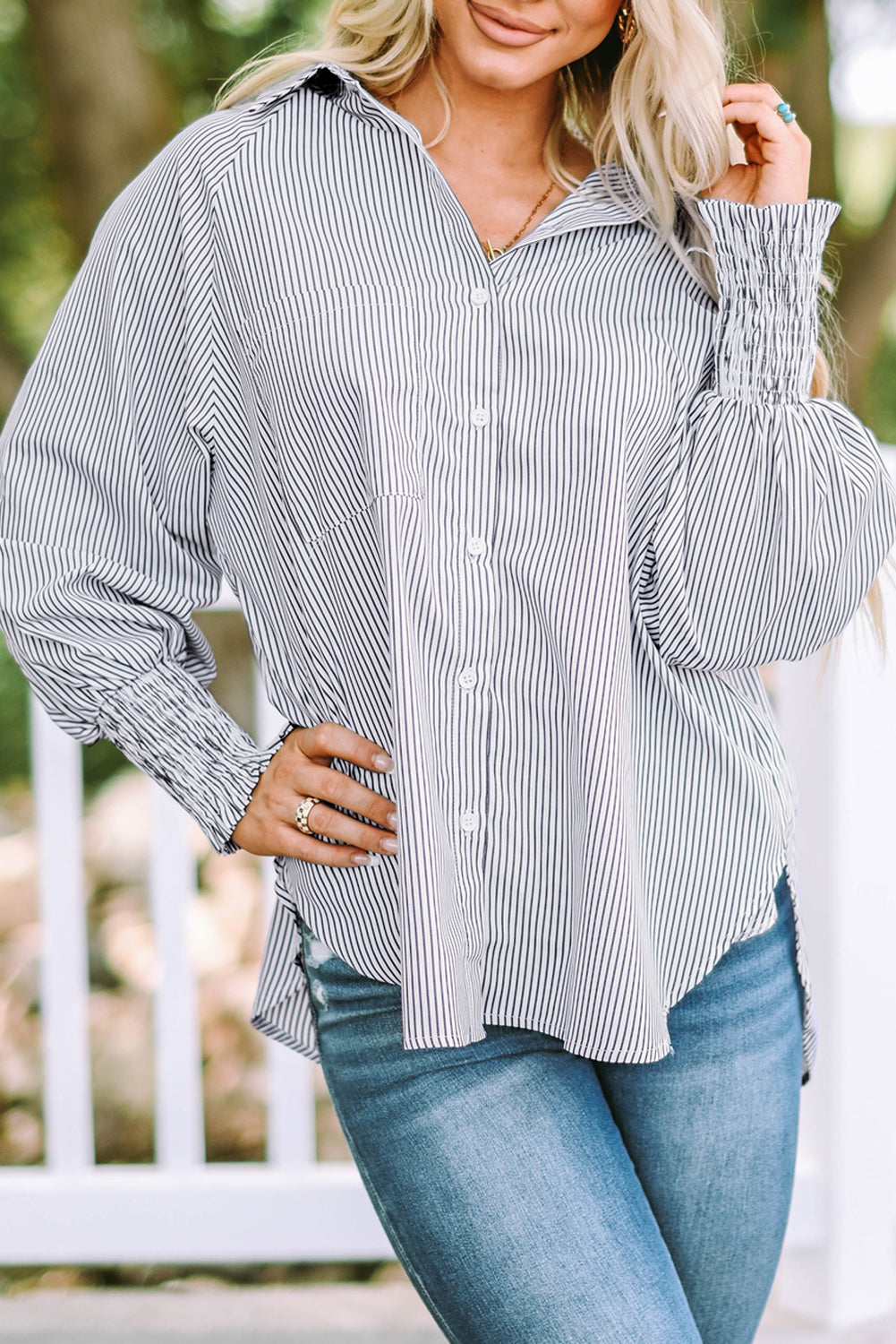 Smocked Cuffed Striped Boyfriend Shirt Top with Pocket