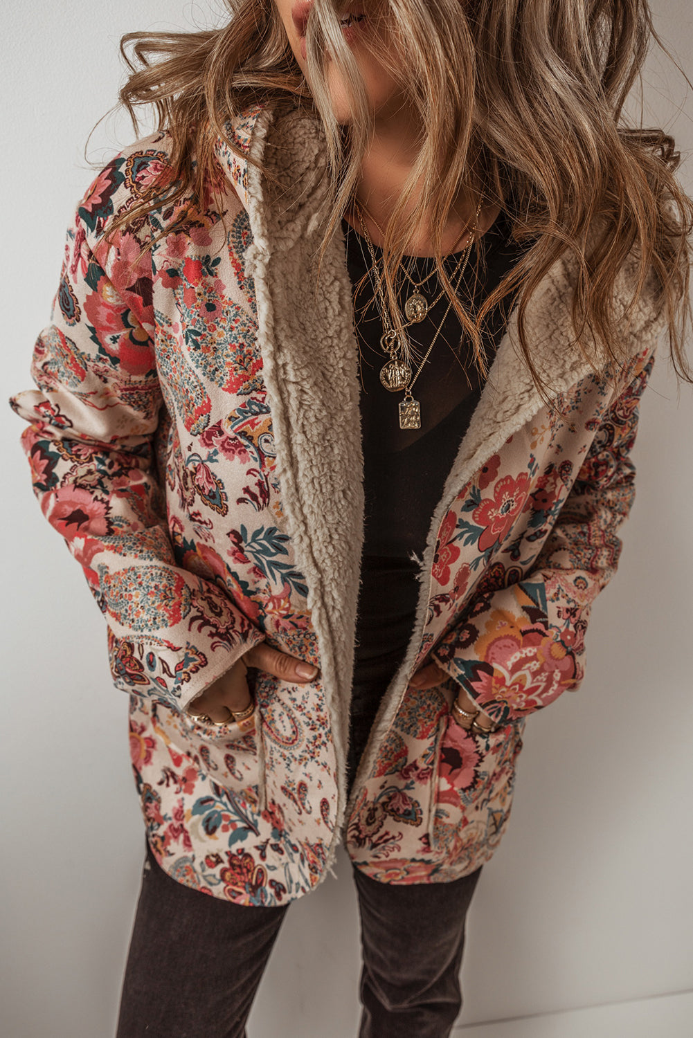 Beige Vintage Paisley Floral Printed Sherpa Lined Hooded Jacket Kittybear Krafts