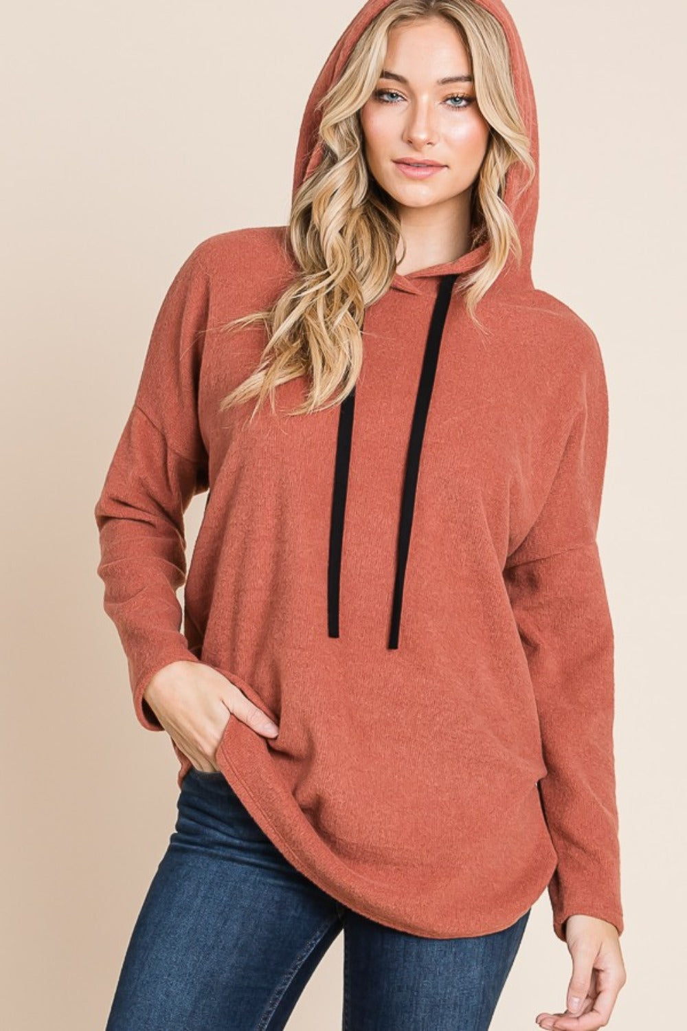 Contrast Drawstring Drop Shoulder Knit Hoodie - Kittybear Krafts