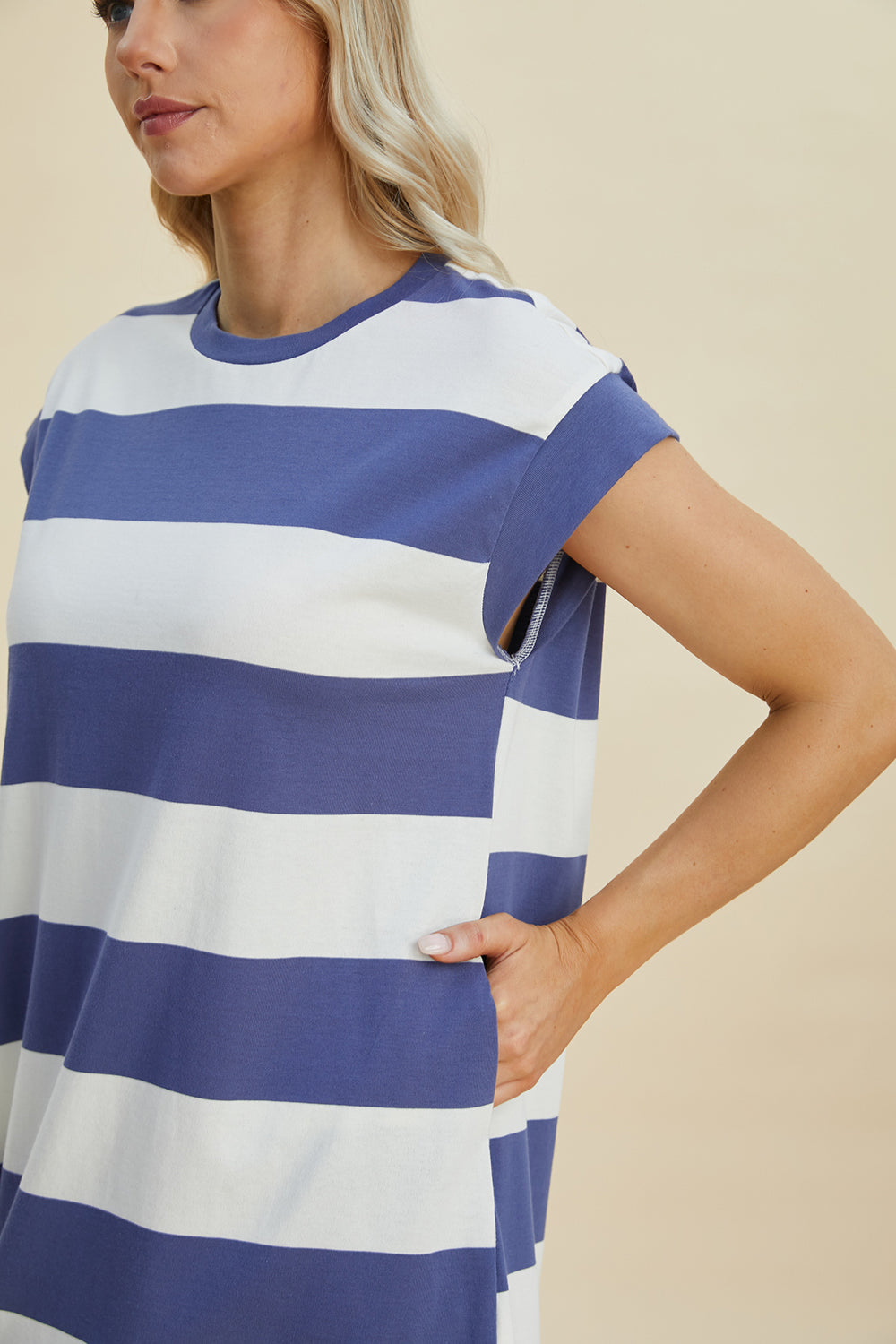 Striped Round Neck Cap Sleeve Mini Dress Trendsi