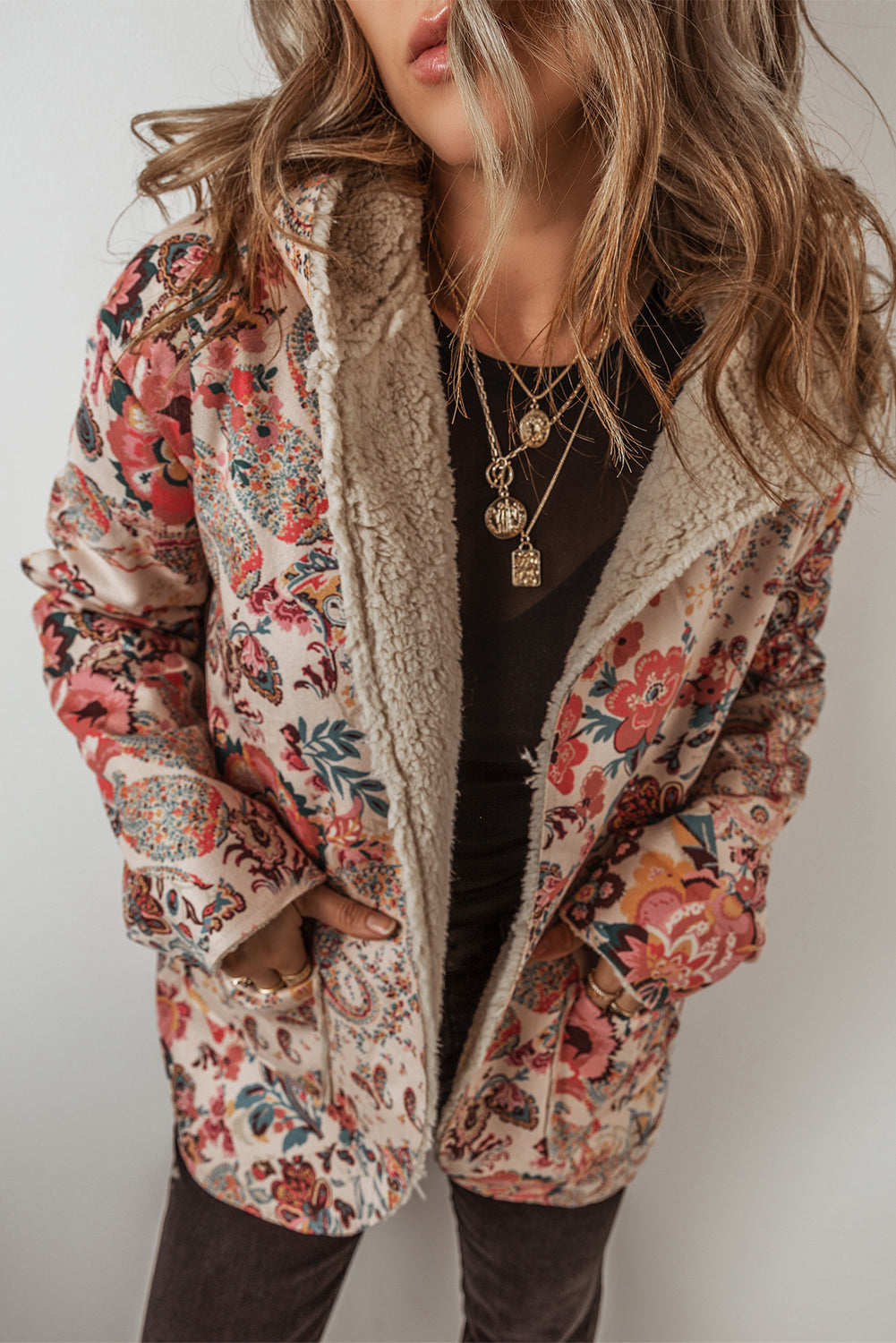 Beige Vintage Paisley Floral Printed Sherpa Lined Hooded Jacket Kittybear Krafts