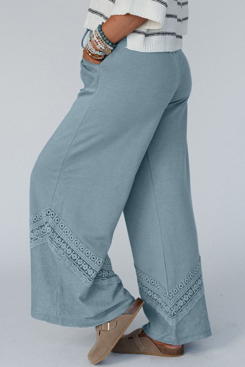 Dusk Blue Lace Crochet Patched Lace-up High Waist Wide Leg Pants Kittybear Krafts