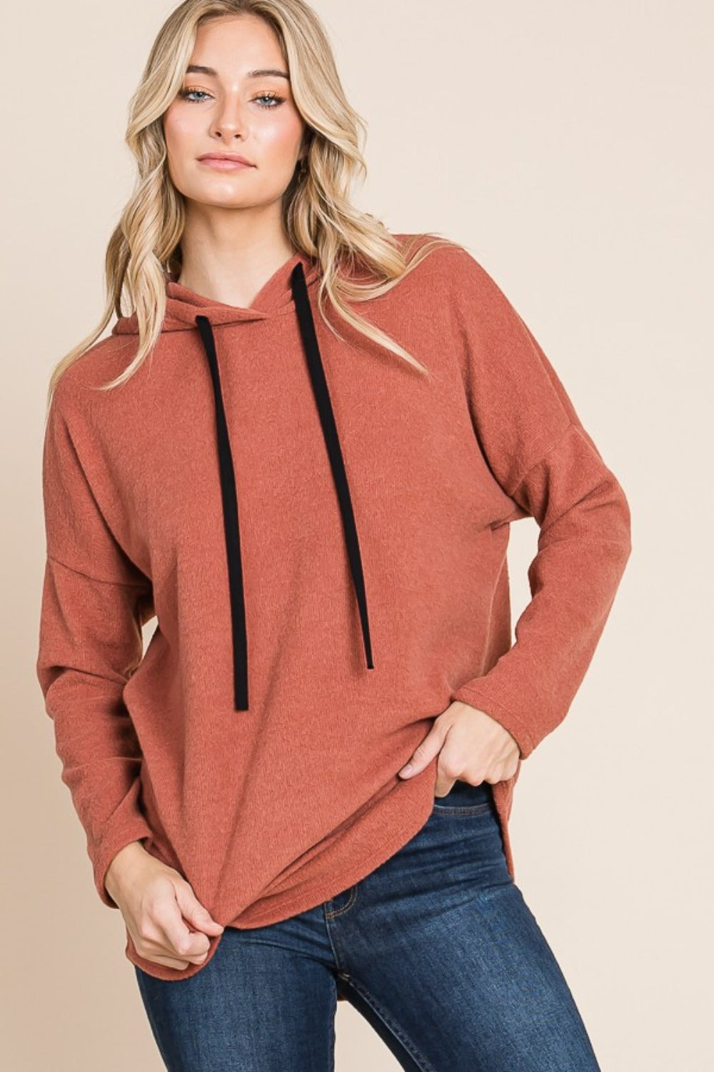 Contrast Drawstring Drop Shoulder Knit Hoodie - Kittybear Krafts