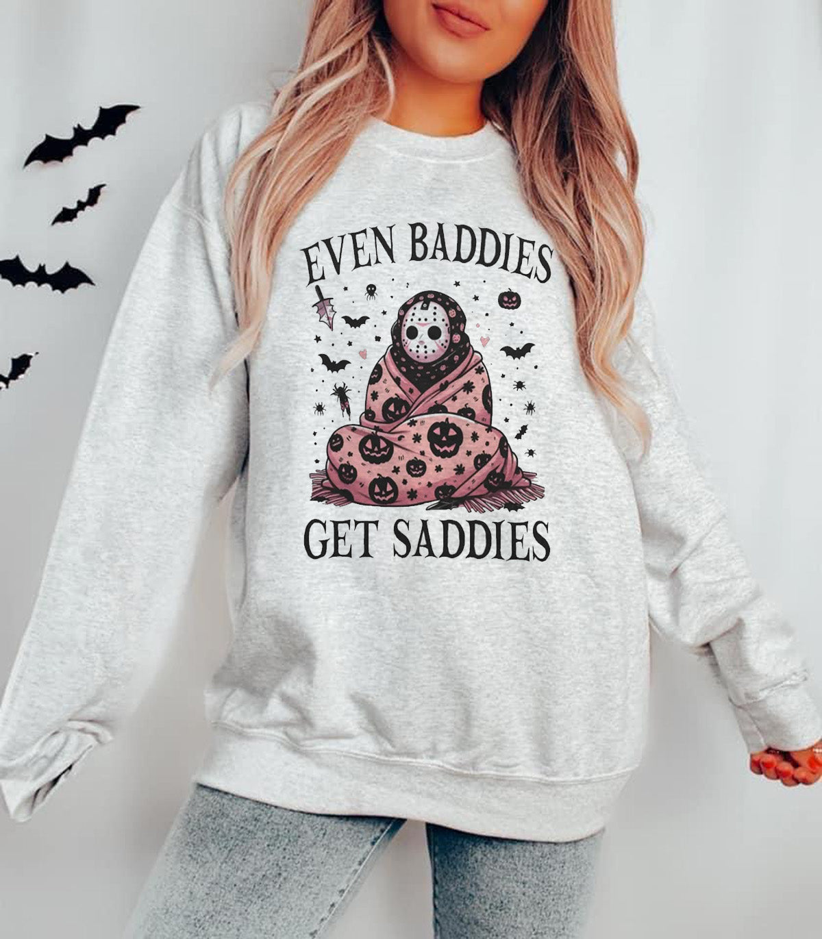 Even Baddies Get Saddies Halloween Horror Graphic Crewneck Sweatshirt - Kittybear Krafts