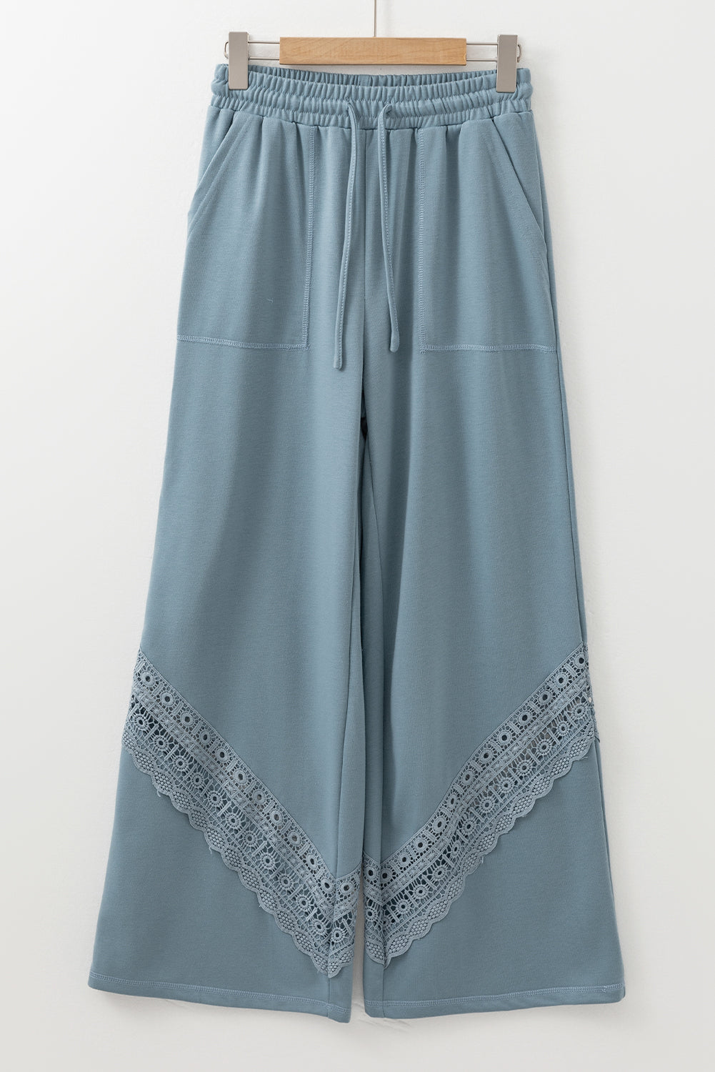 Dusk Blue Lace Crochet Patched Lace-up High Waist Wide Leg Pants Kittybear Krafts