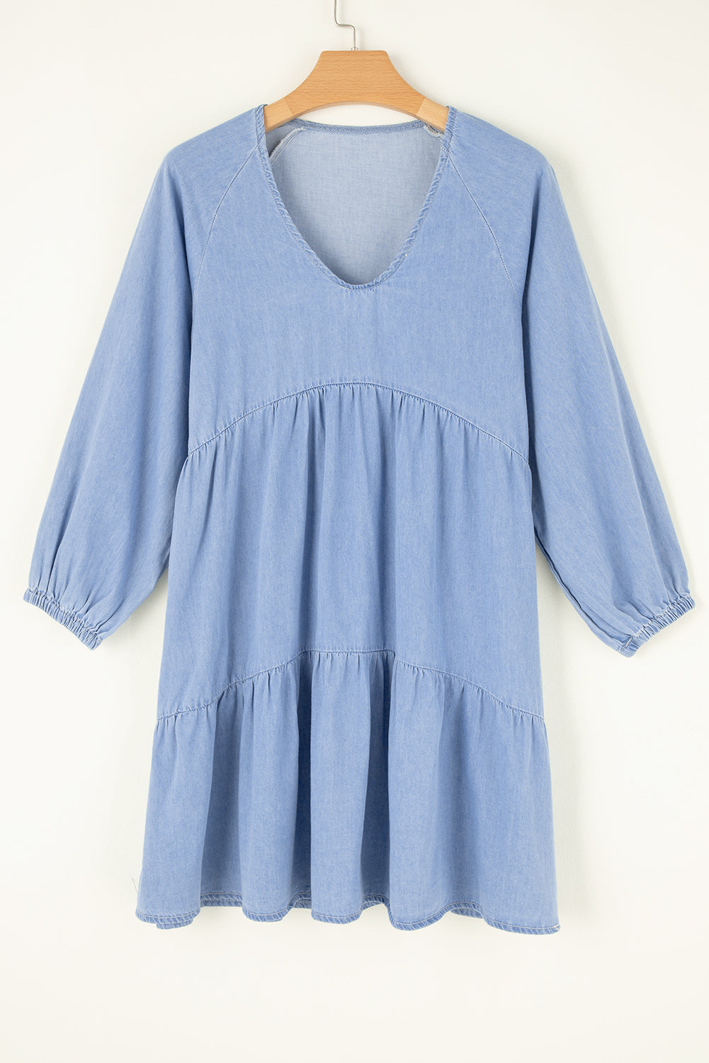 Beau Blue Puff Sleeve V Neck Tiered Ruffled Chambray Mini Dress Kittybear Krafts