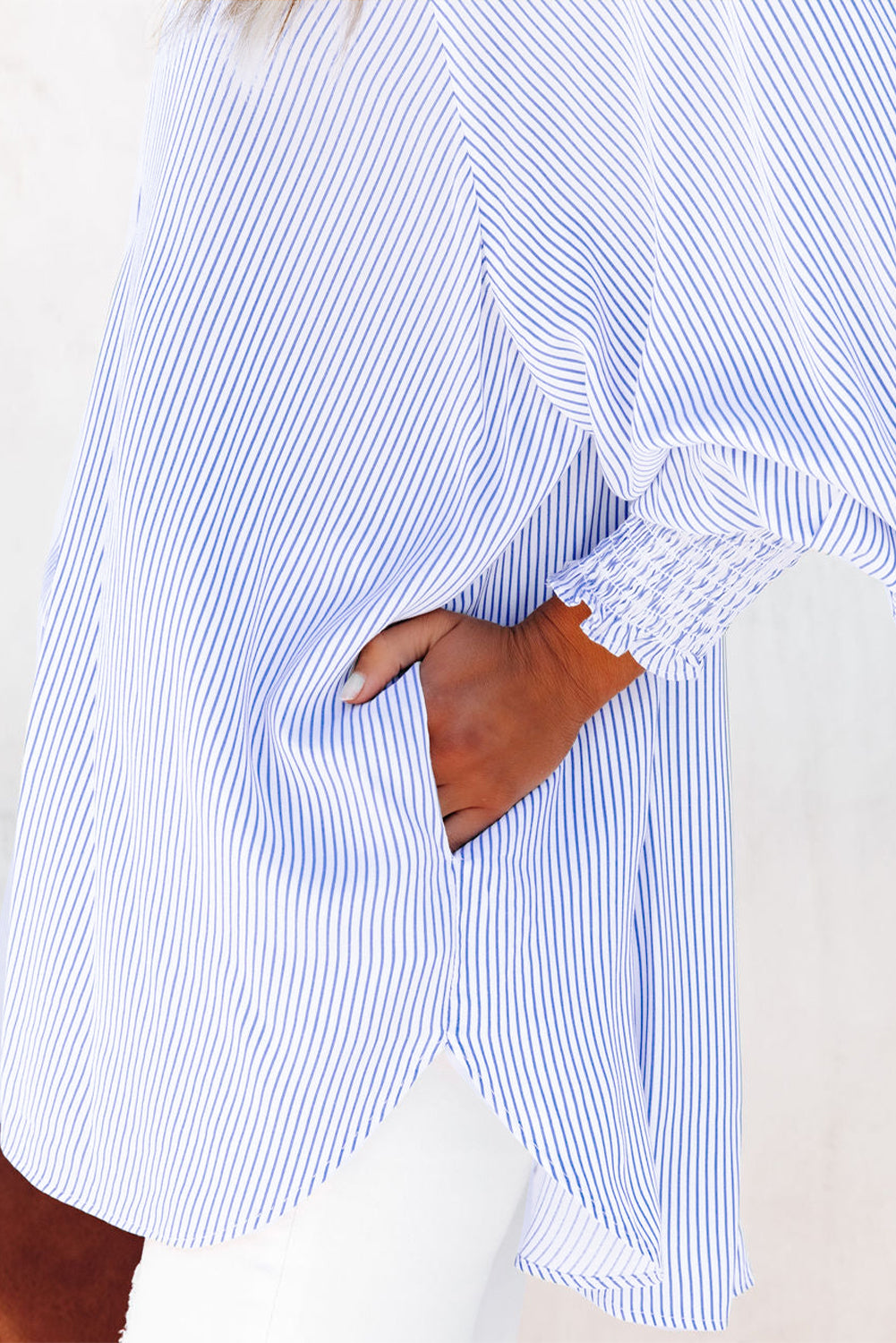 Sky Blue Smocked Cuffed Striped Boyfriend Shirt Top with Pocket