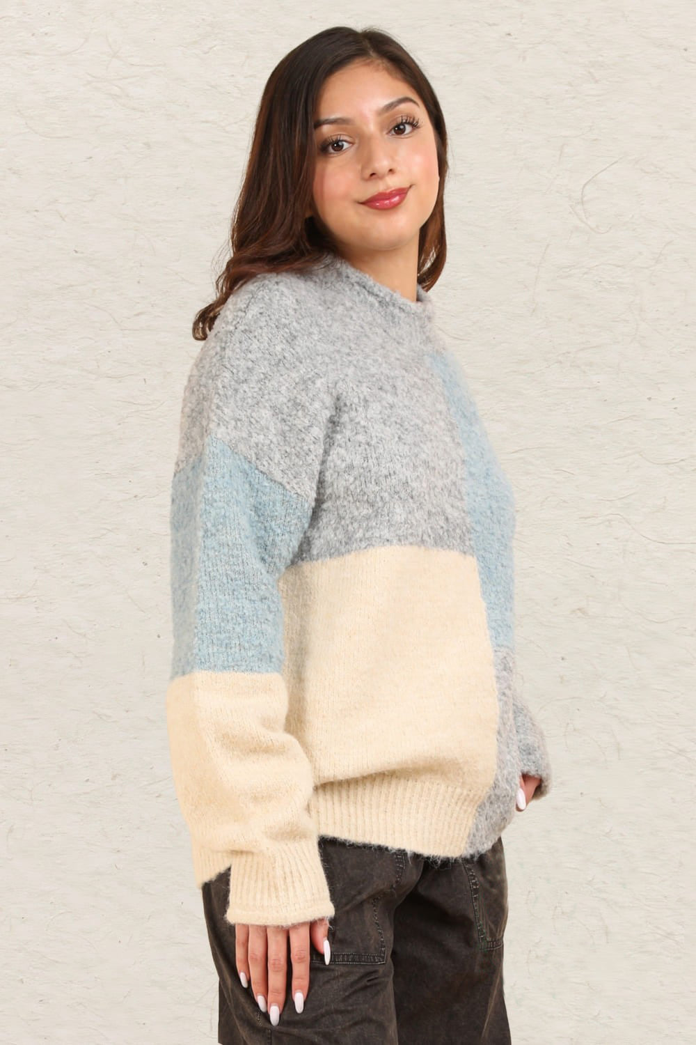 VERY J Color Block Mock Neck Drop Shoulder Sweater - Kittybear Krafts