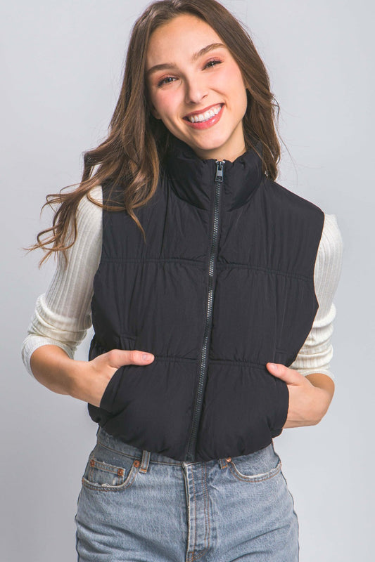 Love Tree Black Zip Up Turtleneck Cropped Vest Coat Trendsi