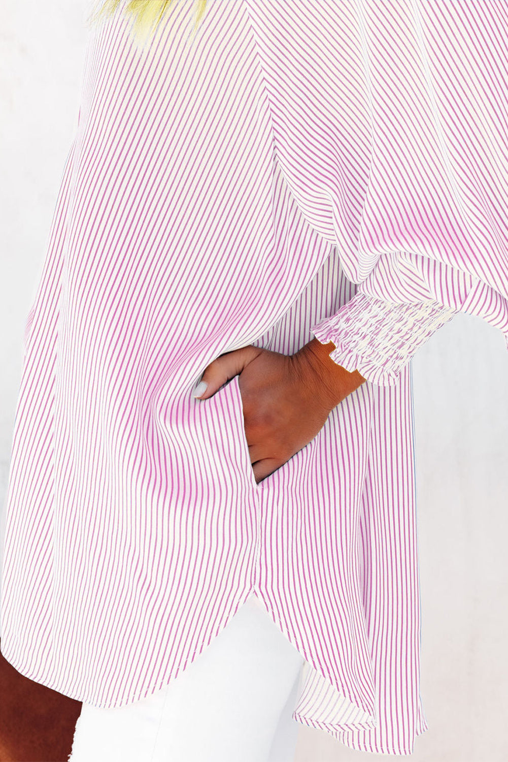 Pink Smocked Cuffed Striped Boyfriend Oversized Shirt Top with Pocket