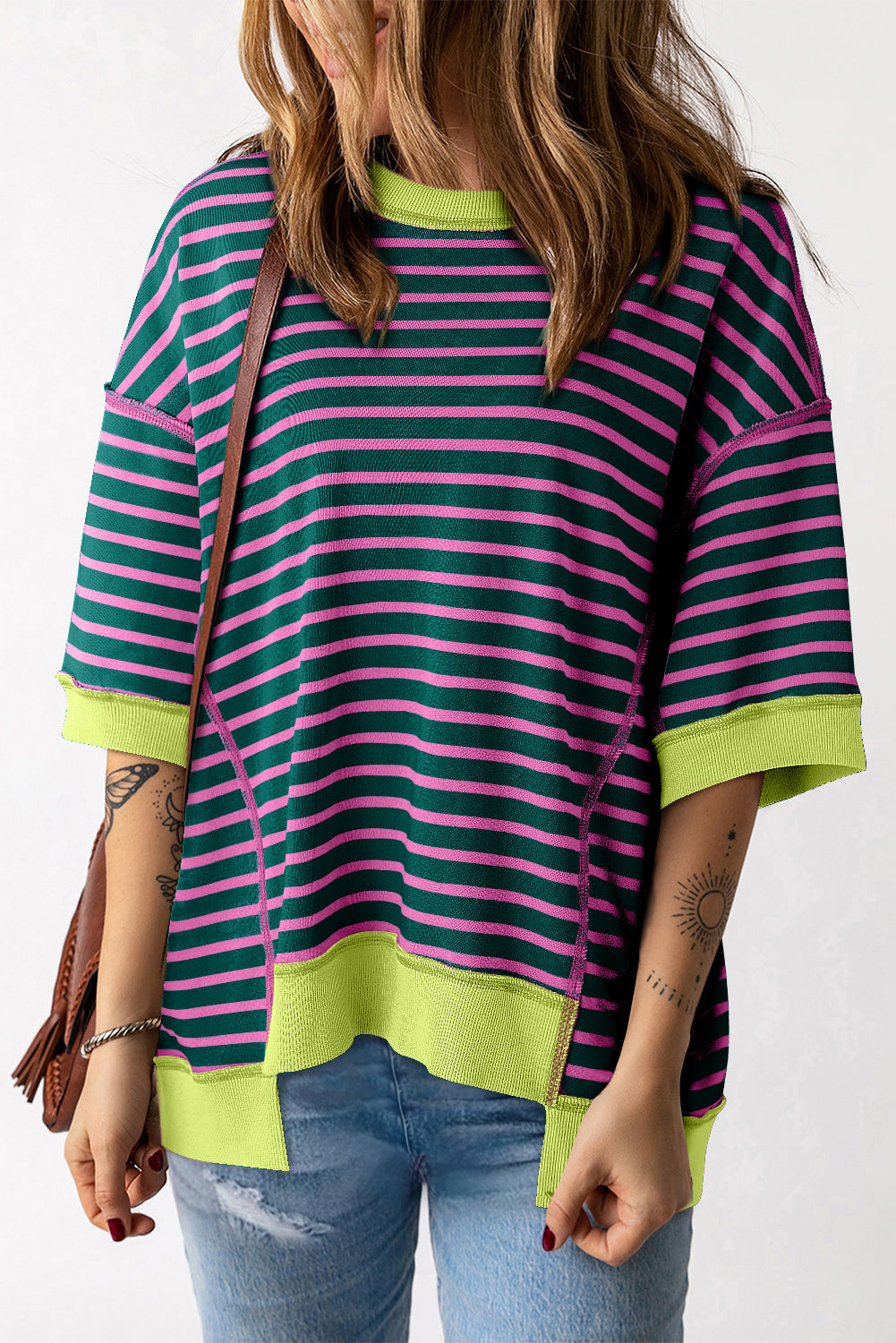 Green Stripe Oversized Contrast Trim Exposed Seam High Low T Shirt Kittybear Krafts