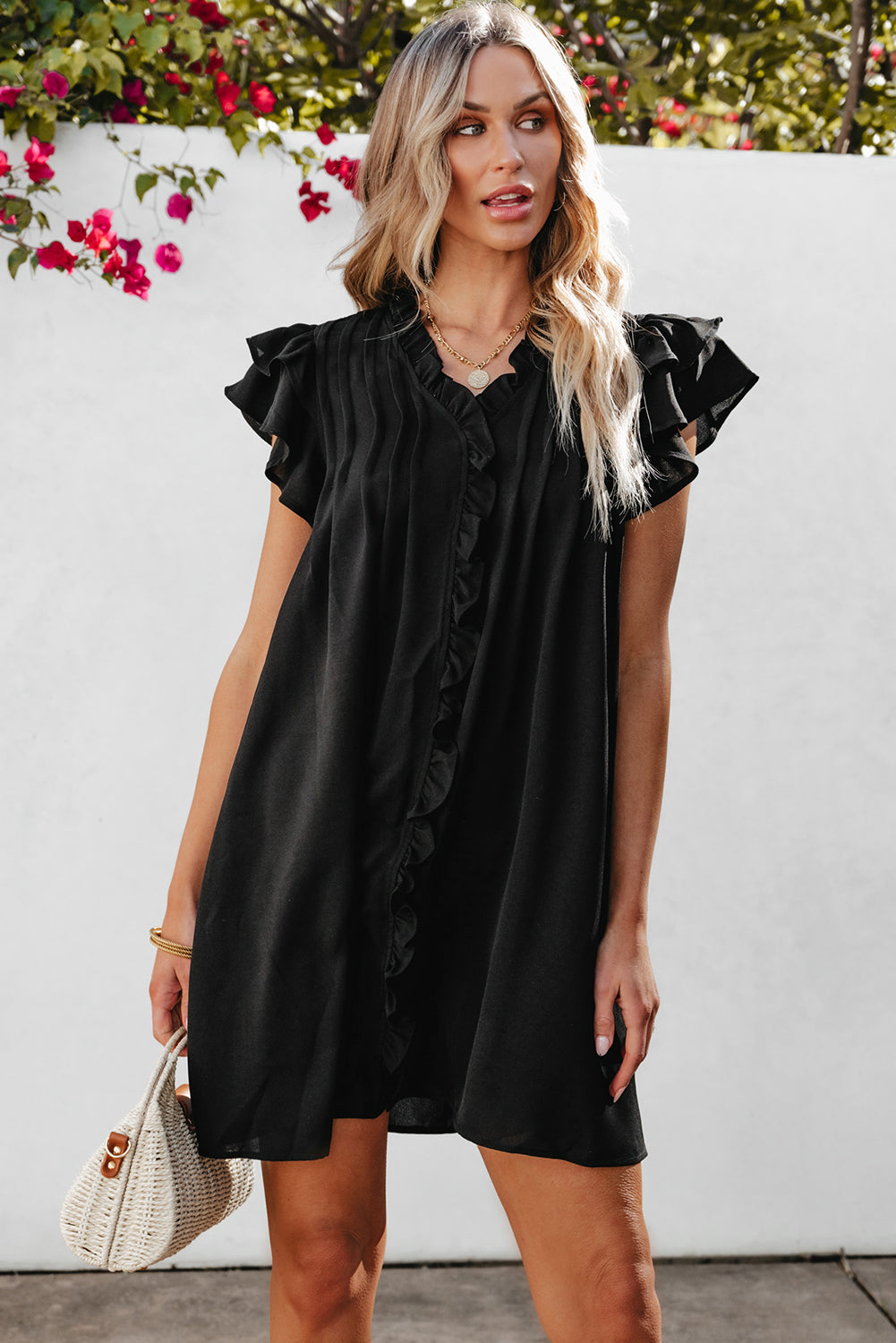 Black Ruffle Sleeve V Neck Frilled Shift Dress Kittybear Krafts