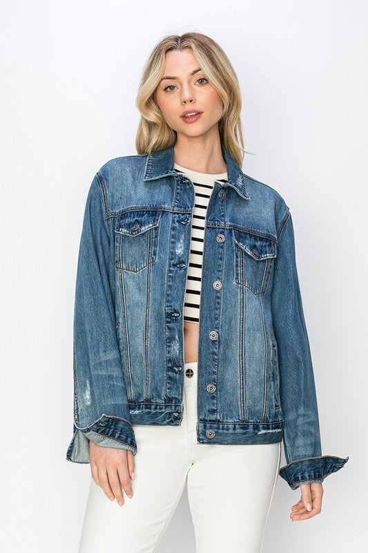 RISEN Full Size Distressed Button Up Jacket Trendsi