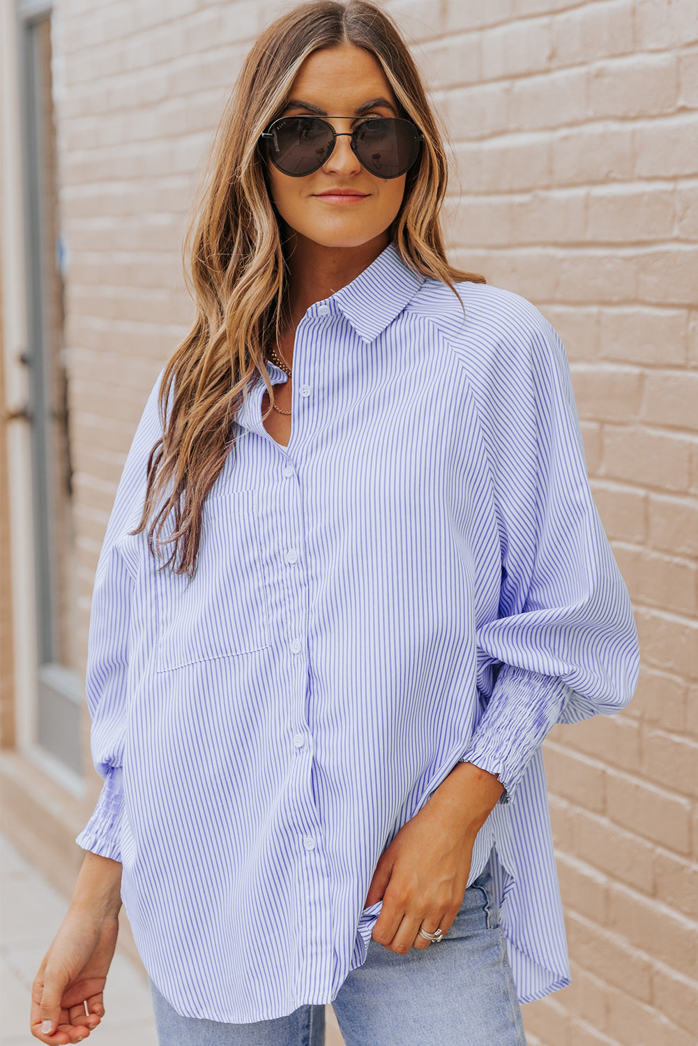 Sky Blue Smocked Cuffed Striped Boyfriend Shirt Top with Pocket