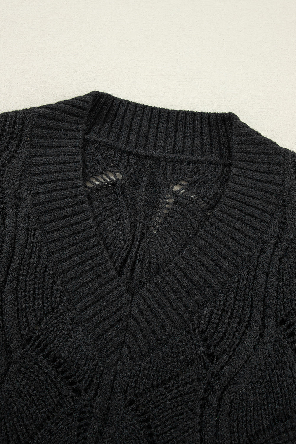 Black Hollow Out Knit V Neck Drop Shoulder Sweater Kittybear Krafts