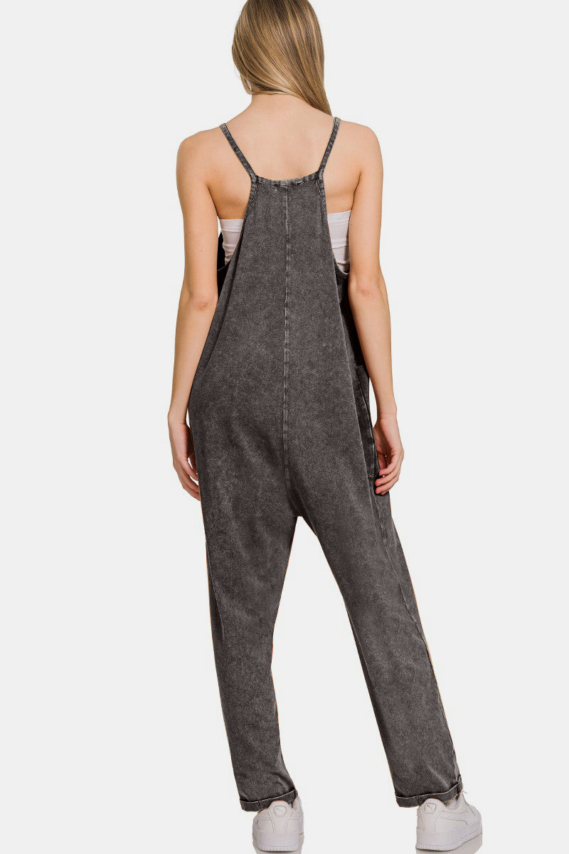 Zenana Ash Black Washed Spaghetti Straps Overalls with Pockets - Kittybear Krafts