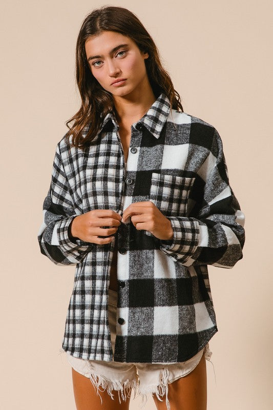 BiBi Plaid Fleece Button Down Long Sleeve Shirt Top Trendsi