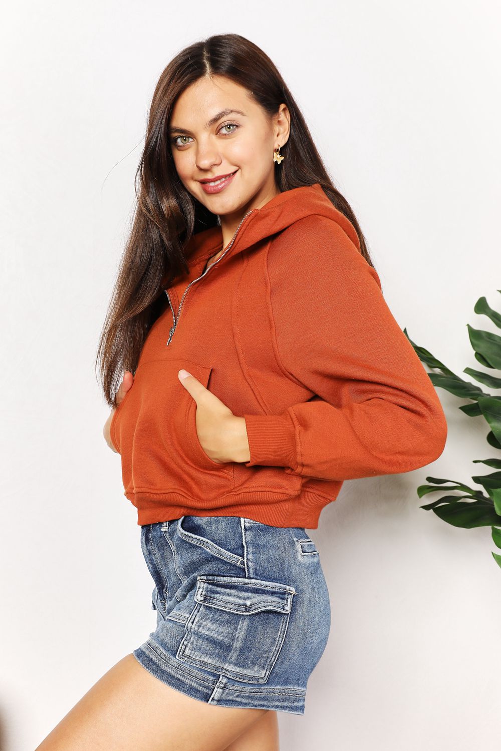 Double Take Half-Zip Cropped Long Sleeve Hoodie Trendsi