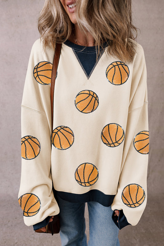 White Sequin Basketball Graphic Colorblock Edge Sweater Kittybear Krafts