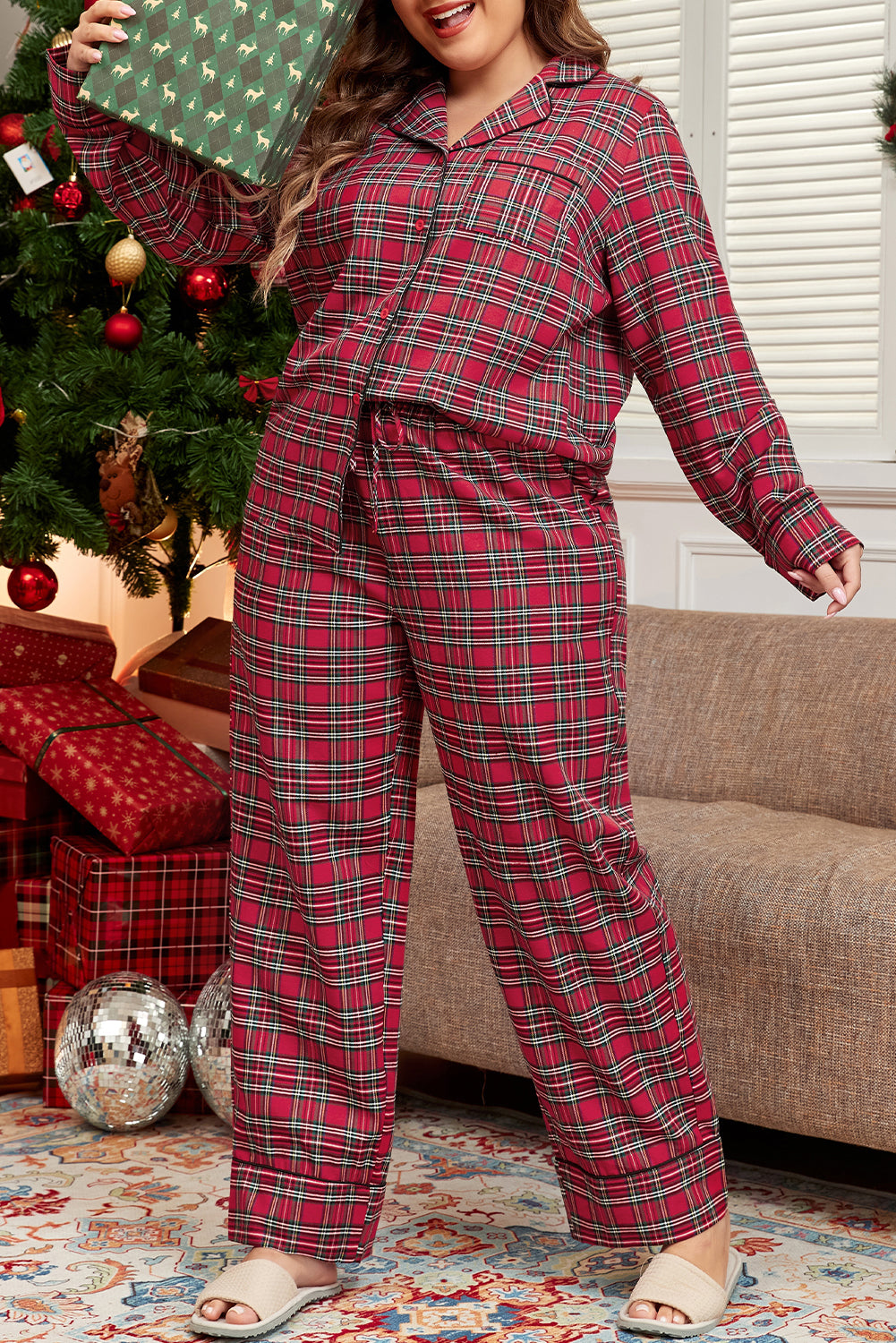 Red Plaid Printed Shirt and Pants Plus Size Loungewear Set Kittybear Krafts