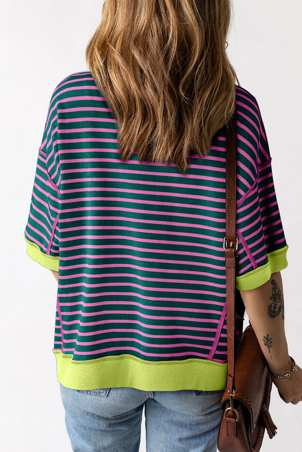 Green Stripe Oversized Contrast Trim Exposed Seam High Low T Shirt Kittybear Krafts