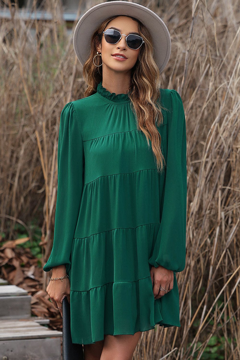 Green Puff Sleeve Mock Neck Back Knot Tiered Dress Kittybear Krafts